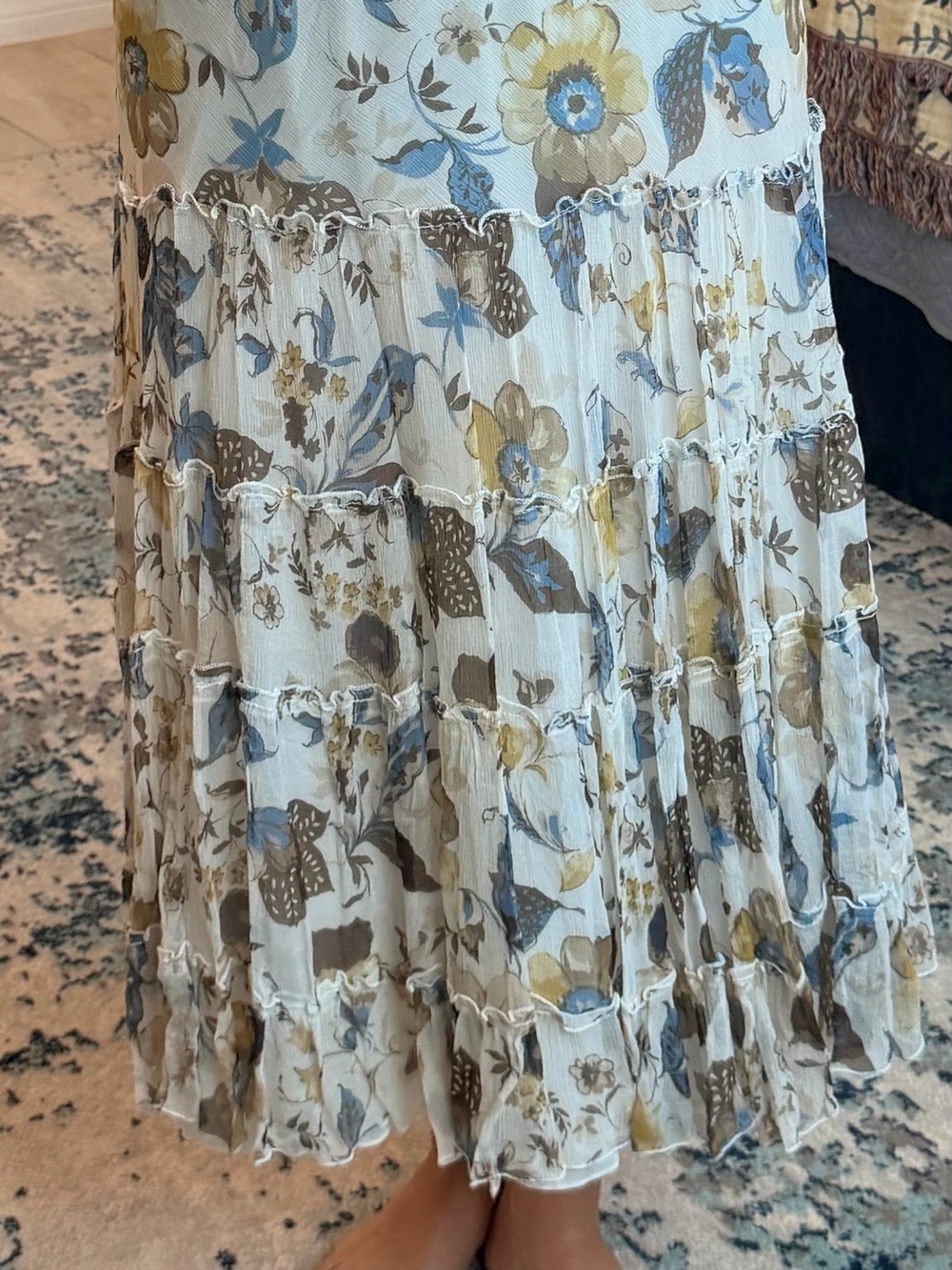 Floral Tiered Maxi Skirt in Cream and Blue - Picture 2 of 4